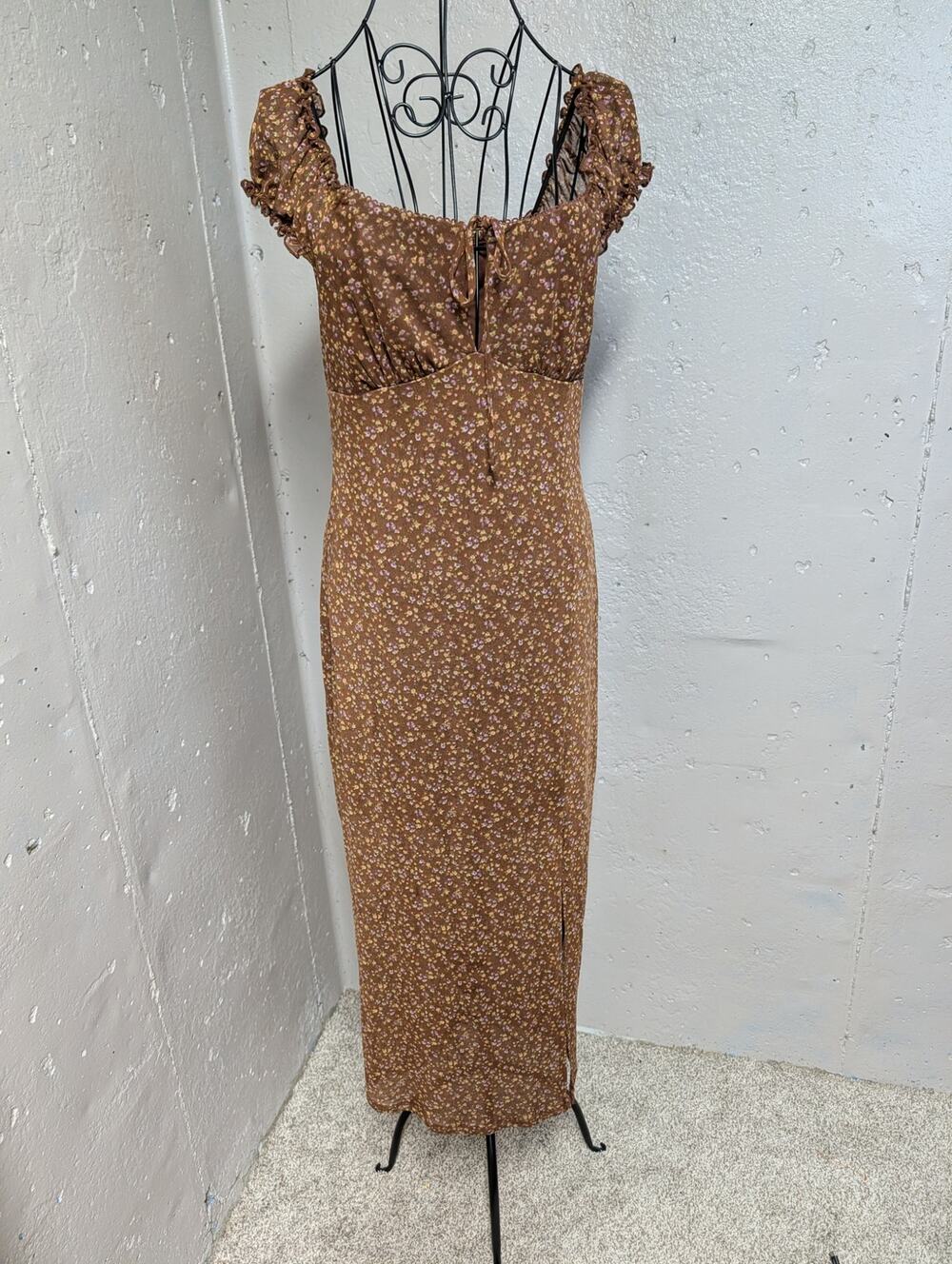 Stitch & Pine Brown Floral Sheer Overlay Y2K style romantic floral Midi Dress